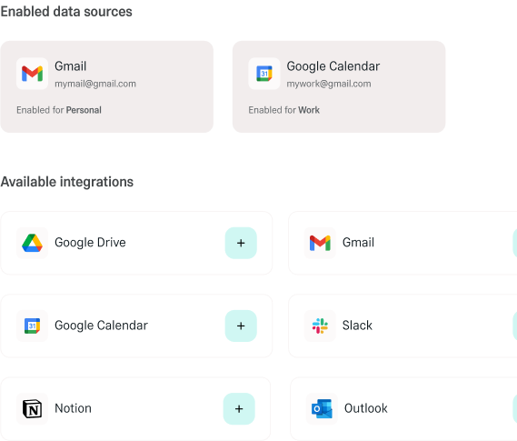 Himala AI interface displaying enabled data sources Gmail and Google Calendar, with options to integrate Drive and Slack