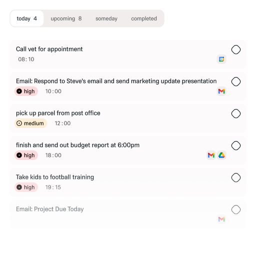 Himala interface showing a task list with professional and personal tasks, categorized by priority and integrated with Gmail, Google Calendar, Slack