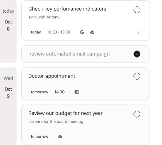 Himala AI showing task list with appointments, email tasks, and reminders categorized by priority