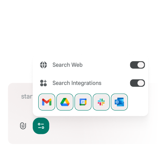 Himala AI interface showing connected integrations Gmail and Google Drive, with options to connect Slack and Google Calendar