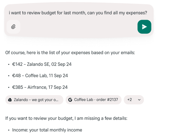 Himala AI responding to a budget query by listing expenses retrieved from emails