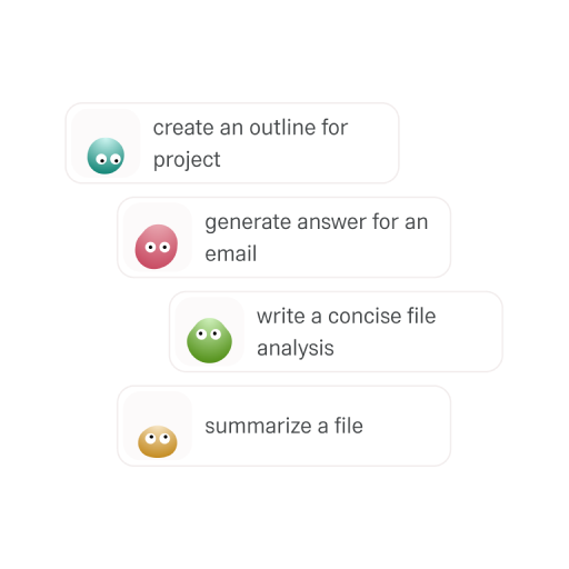 Himala AI showing task suggestions such as creating an outline for a project, generating an answer for an email, writing a concise file analysis, and summarizing a file