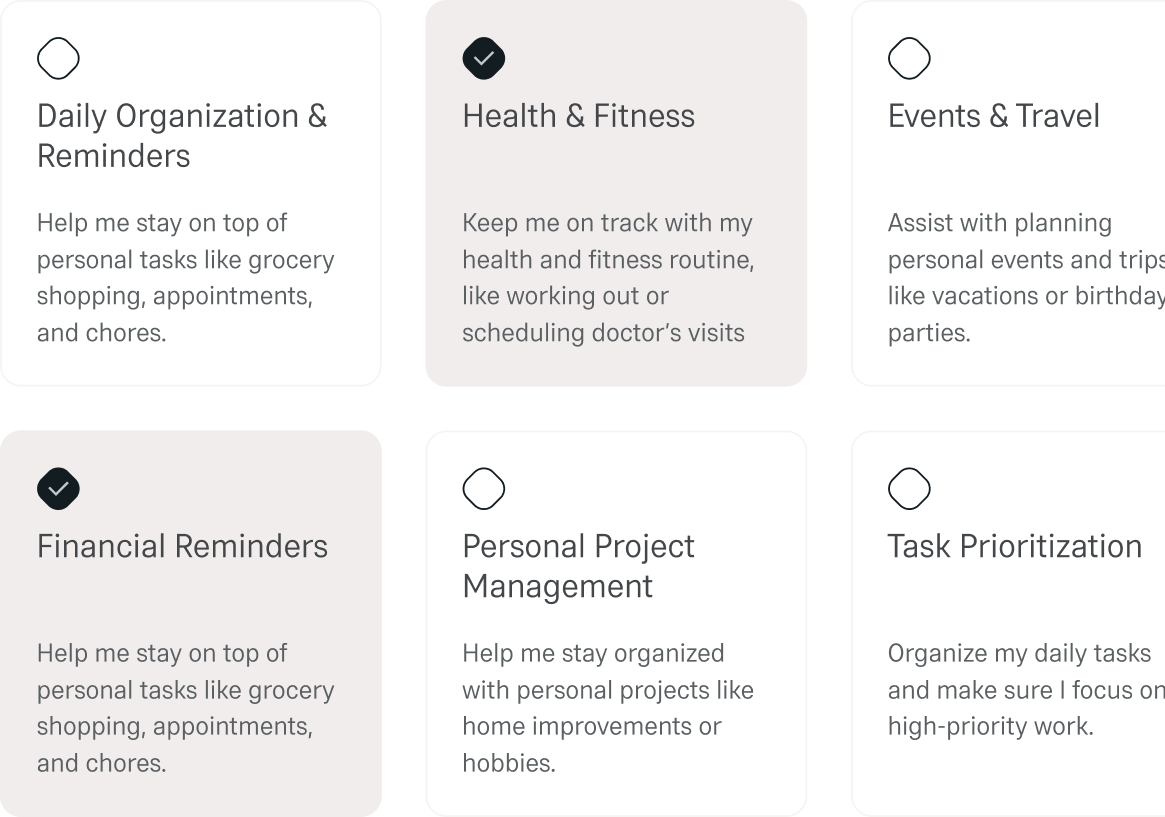 Himala AI interface showing different types of tasks like daily organization, wellness, fitness, and personal project management